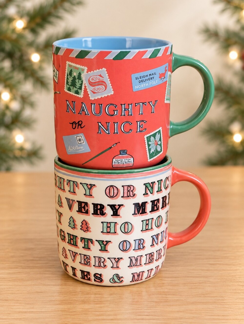George Viv Emily Taylor Christmas Mug Set Naughty or Nice Anthropologie NEW
